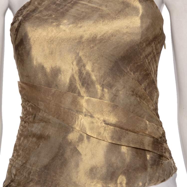 Pre Owned Ralph Lauren Gold  Patterned Mesh & Silk Strapless Top M