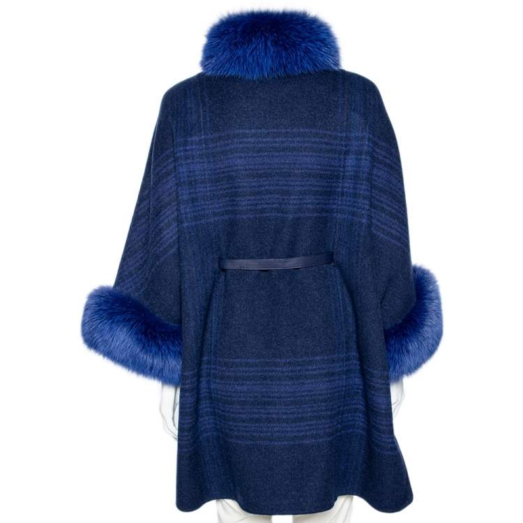 Pre Owned Loro Piana Blue Cashmere & Fur Trimmed Belted Cape Coat S