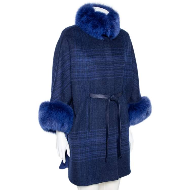 Pre Owned Loro Piana Blue Cashmere & Fur Trimmed Belted Cape Coat S