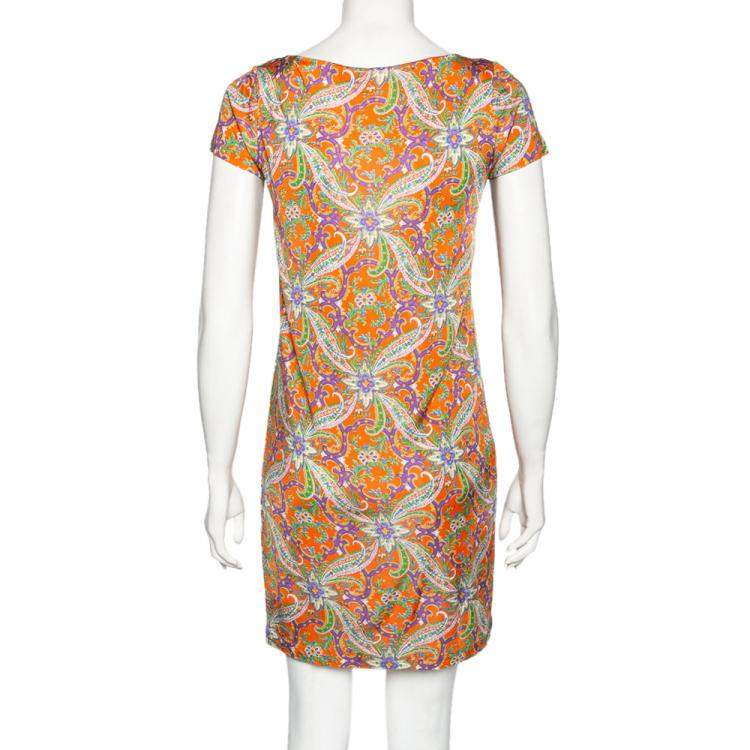 Pre Owned Ralph Lauren Orange Printed Jersey Short Sleeve Dress S