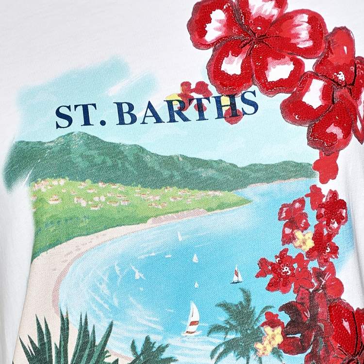 Pre Owned Ralph Lauren White St.Barths Printed Sequin Embellished Cotton T-Shirt S