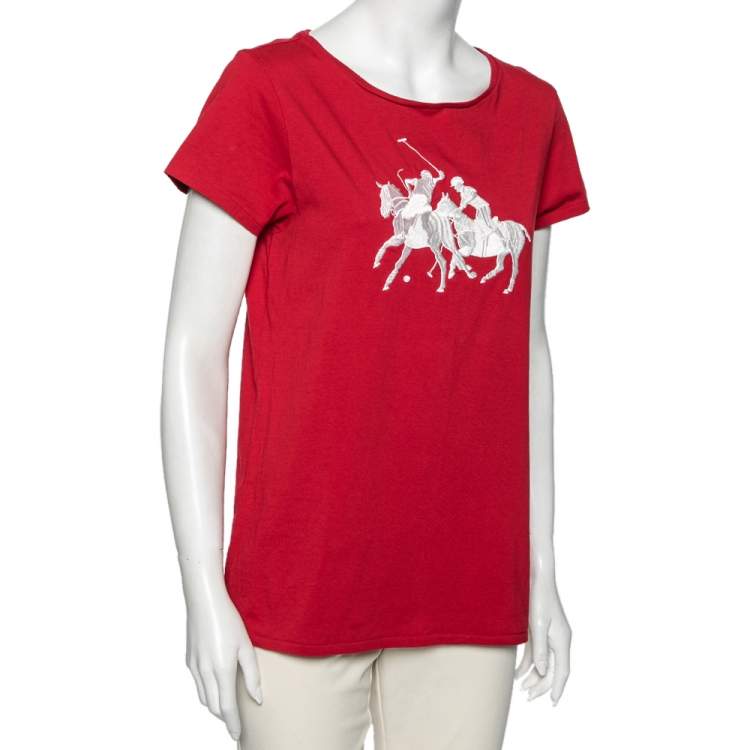 Pre Owned Ralph Lauren Red Logo Embroidered Round Neck T-Shirt XL