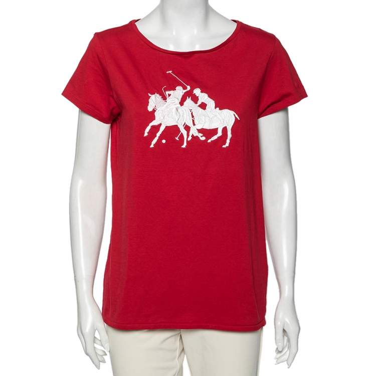 Pre Owned Ralph Lauren Red Logo Embroidered Round Neck T-Shirt XL