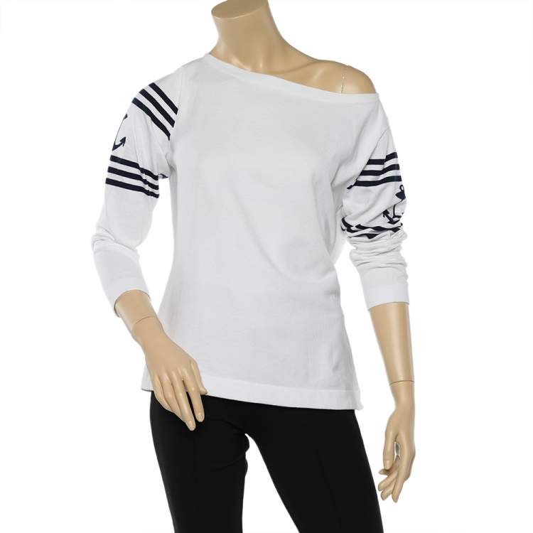 Pre Owned Ralph Lauren White Cotton Knit Patterned Sleeve Boat Neck T-Shirt XL