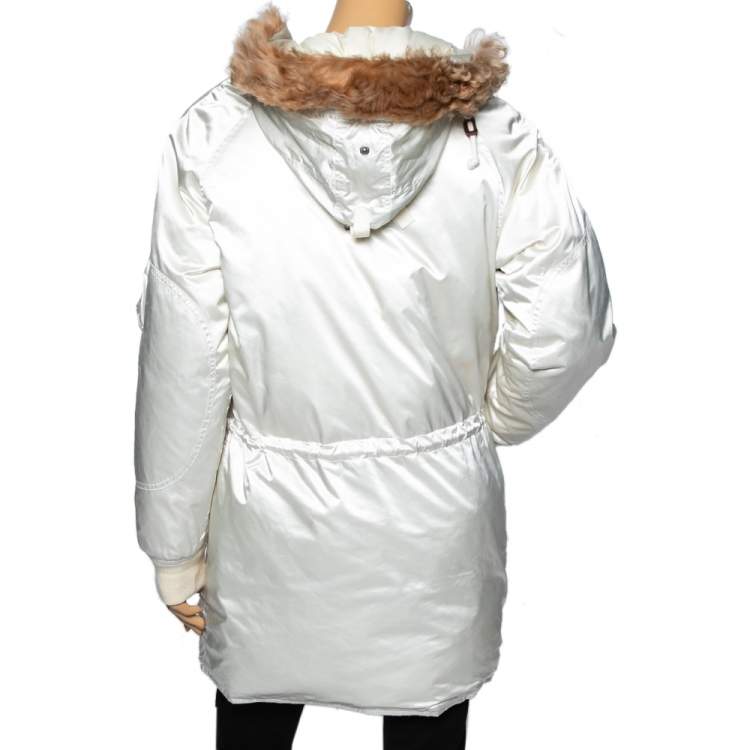 Pre Owned Ralph Lauren Ivory Down Sateen & Fur Trimmed Hooded Jacket S