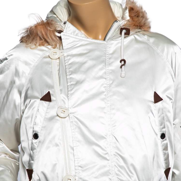Pre Owned Ralph Lauren Ivory Down Sateen & Fur Trimmed Hooded Jacket S