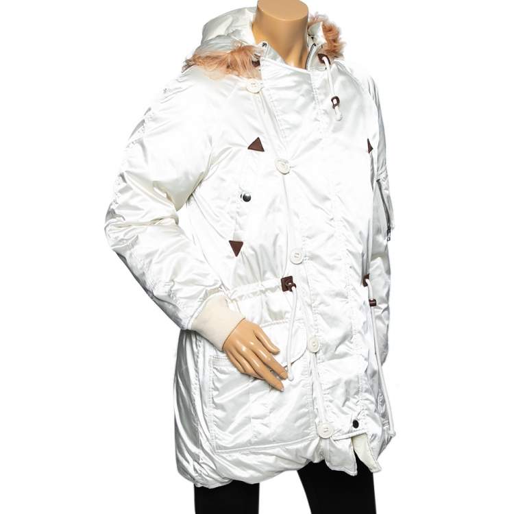 Pre Owned Ralph Lauren Ivory Down Sateen & Fur Trimmed Hooded Jacket S