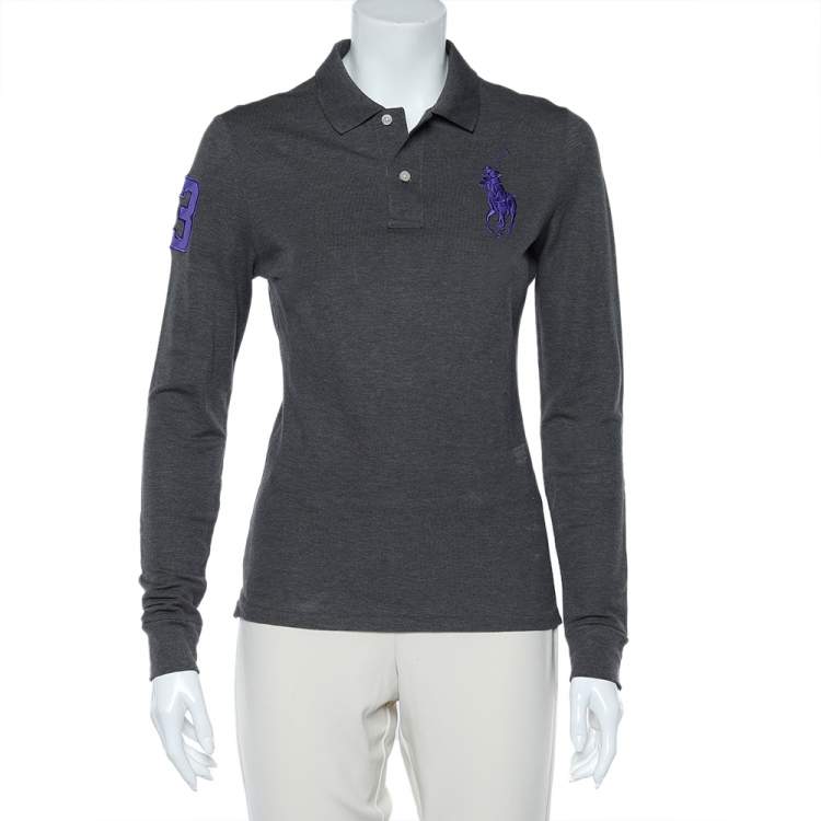 Pre Owned Ralph Lauren Charcoal Grey Logo Embroidered Long Sleeve Polo T-Shirt M
