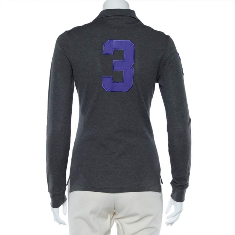 Pre Owned Ralph Lauren Charcoal Grey Logo Embroidered Long Sleeve Polo T-Shirt M
