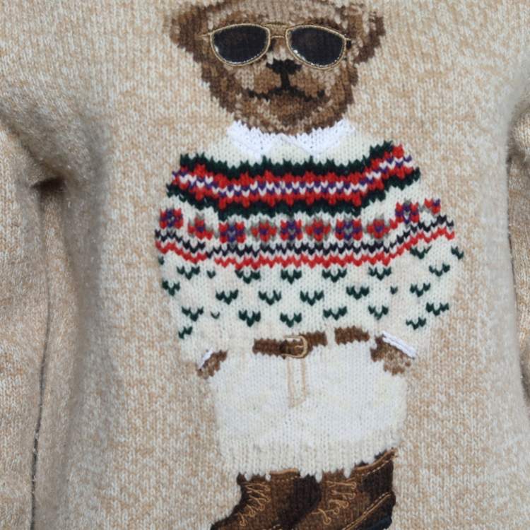 Pre Owned Polo Ralph Lauren Beige Wool Knit Teddy Bear Hoodie XS