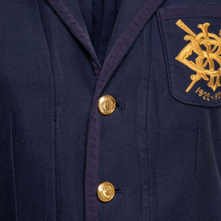 Pre Owned Ralph Lauren Navy Blue Cotton Logo Patch Crest Blazer M 