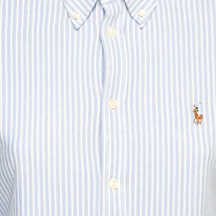 مملوكة مسبقًا Ralph Lauren Blue Striped Knit Oxford Button Front Polo Shirt M
