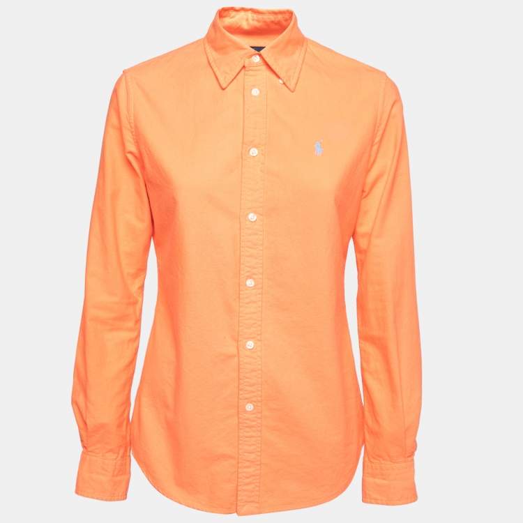 Pre Owned Ralph Lauren Neon Orange Cotton Button Front Custom Fit Shirt S