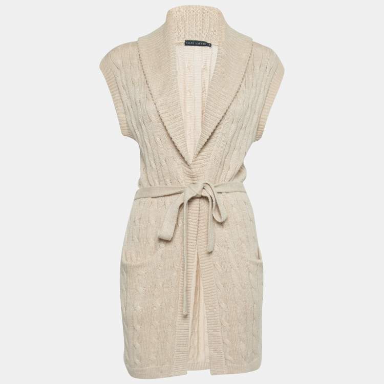 Pre Owned Ralph Lauren Light Beige Linen & Alpaca Cable Knit Sleeveless Open Front Cardigan XS