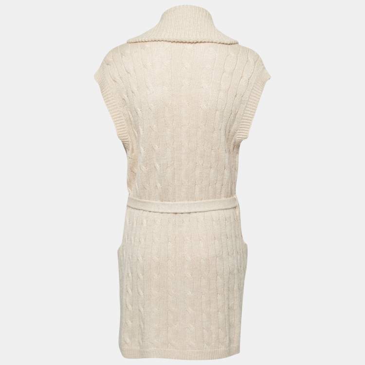 Pre Owned Ralph Lauren Light Beige Linen & Alpaca Cable Knit Sleeveless Open Front Cardigan XS