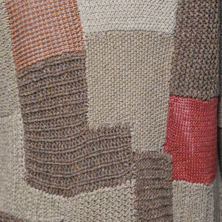Pre Owned Ralph Lauren Brown Patchwork Hand Knit Silk Long Cardigan M