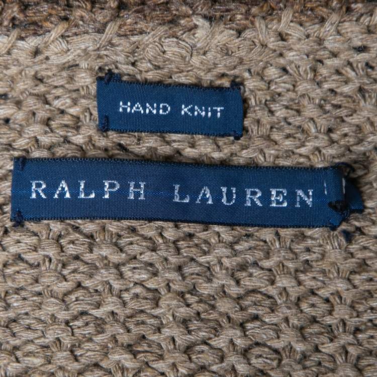 Pre Owned Ralph Lauren Brown Patchwork Hand Knit Silk Long Cardigan M