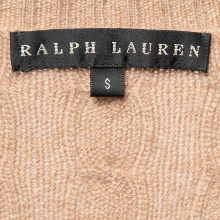 Pre Owned Ralph Lauren Beige Cable Knit Cashmere V-Neck Sweater S