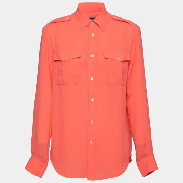 Pre Owned Ralph Lauren Orange Crepe Relaxed Fit Button Front Shirt M