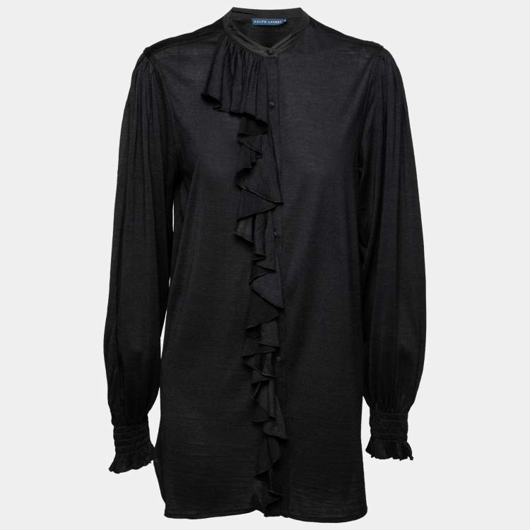 Pre Owned Ralph Lauren Black Silk Ruffled Neck Top M