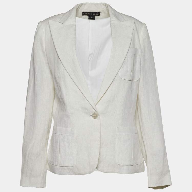Pre Owned Ralph Lauren White Lurex Linen Button Front Blazer L
