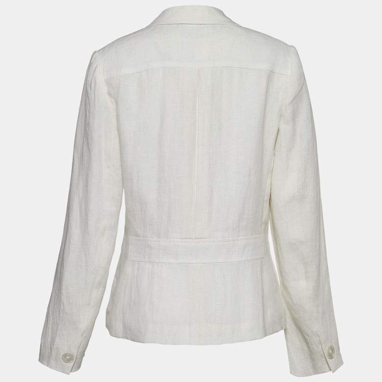 Pre Owned Ralph Lauren White Lurex Linen Button Front Blazer L