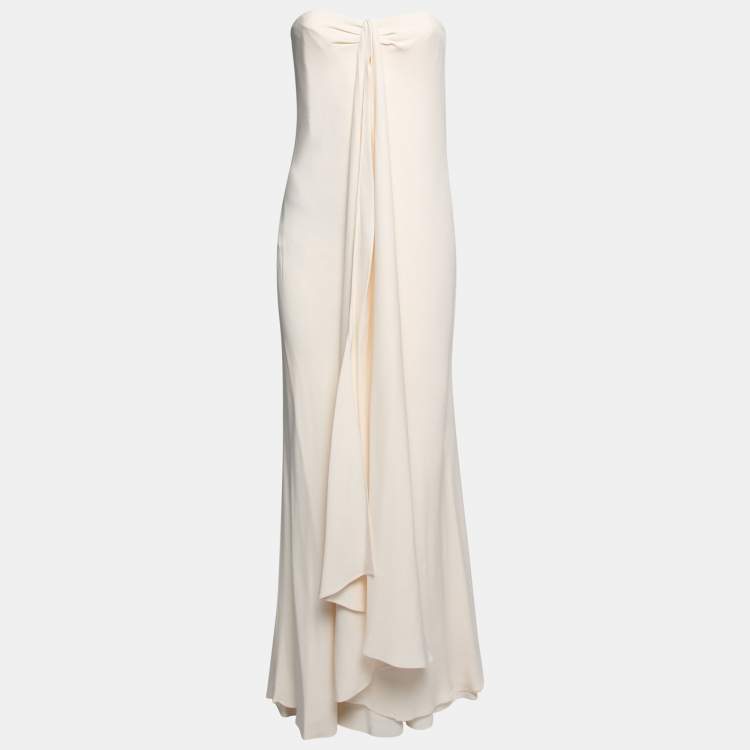 Pre Owned Ralph Lauren Cream Silk Crepe Strapless Maxi Dress M