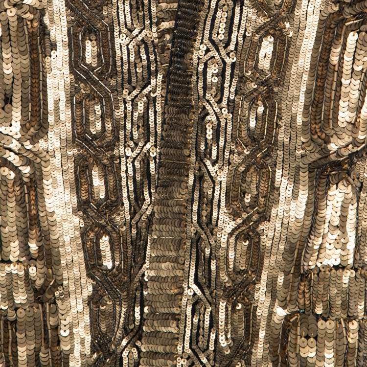 Pre Owned Ralph Lauren Gold Patterned Sequin Embellished Open Front Jacket M