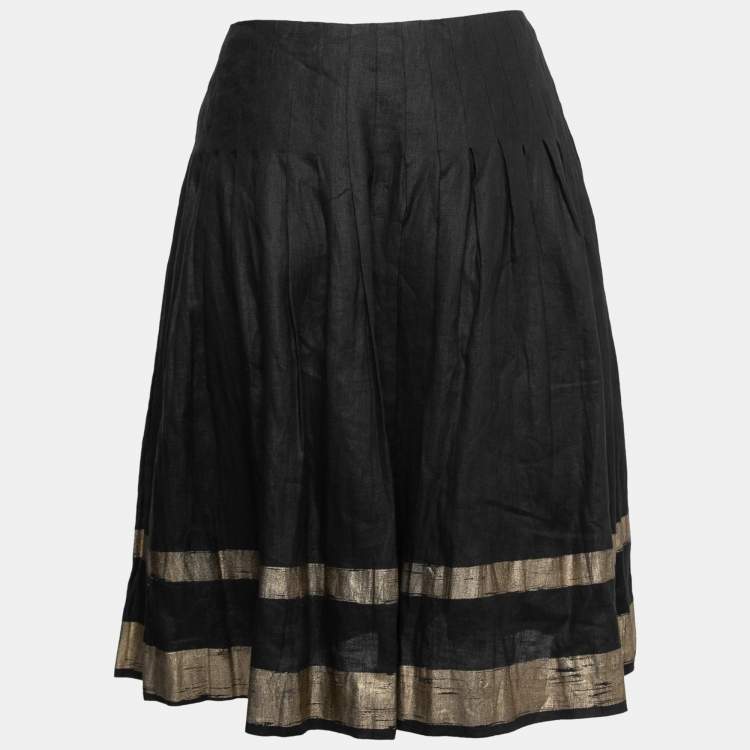 Pre Owned Ralph Lauren Black Linen Gold Striped Pleated Skirt M