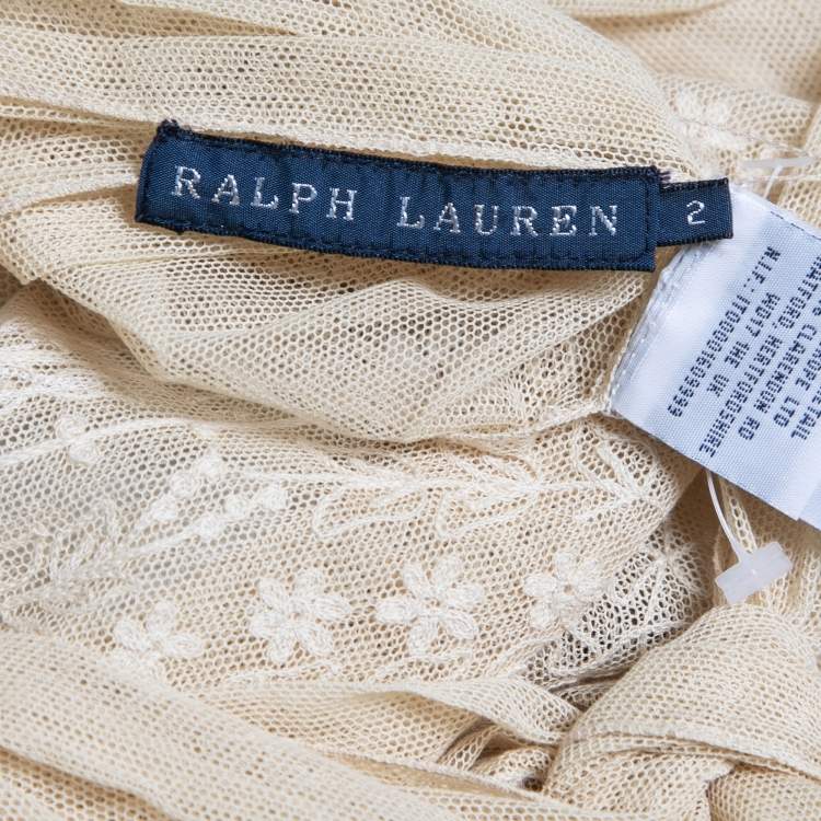 Pre Owned Ralph Lauren Beige Lace Asymmetric Hem Neck Tie Detail Midi Dress S