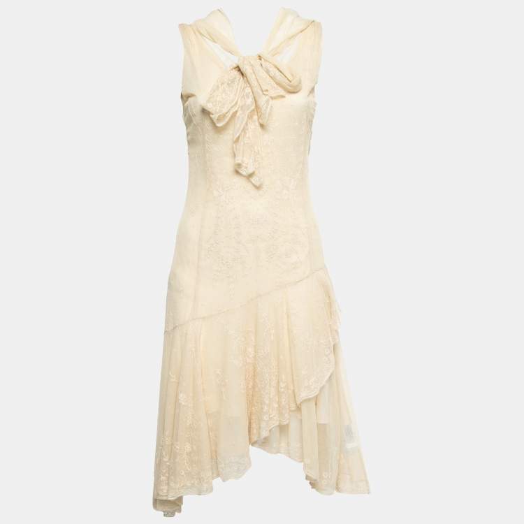 Pre Owned Ralph Lauren Beige Lace Asymmetric Hem Neck Tie Detail Midi Dress S