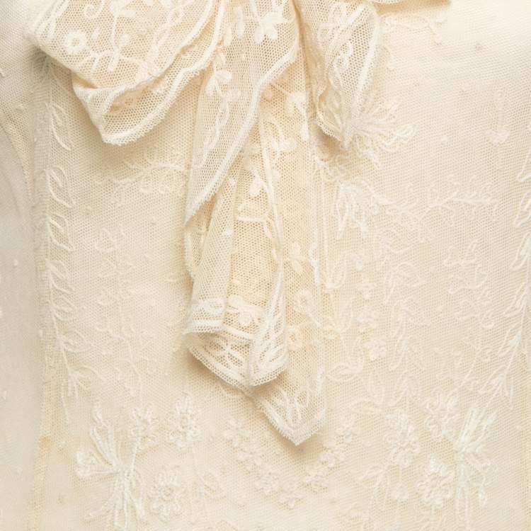 Pre Owned Ralph Lauren Beige Lace Asymmetric Hem Neck Tie Detail Midi Dress S