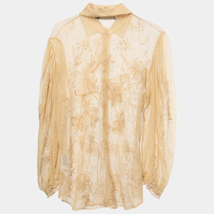 Ralph Lauren Cream Embroidered Lace Button Front Sheer Shirt M