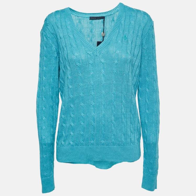 مملوكة مسبقًا Ralph Lauren Blue Cable Knit V-Neck Sweater L