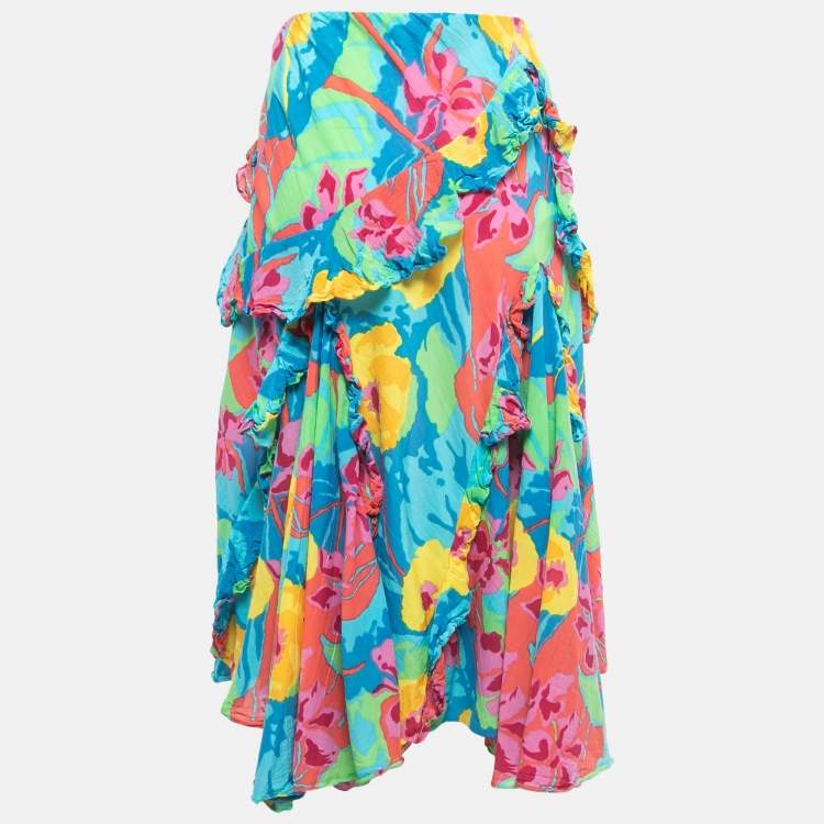 Pre Owned Ralph Lauren Multicolor Floral Printed Cotton & Silk Ruffled Midi Skirt S