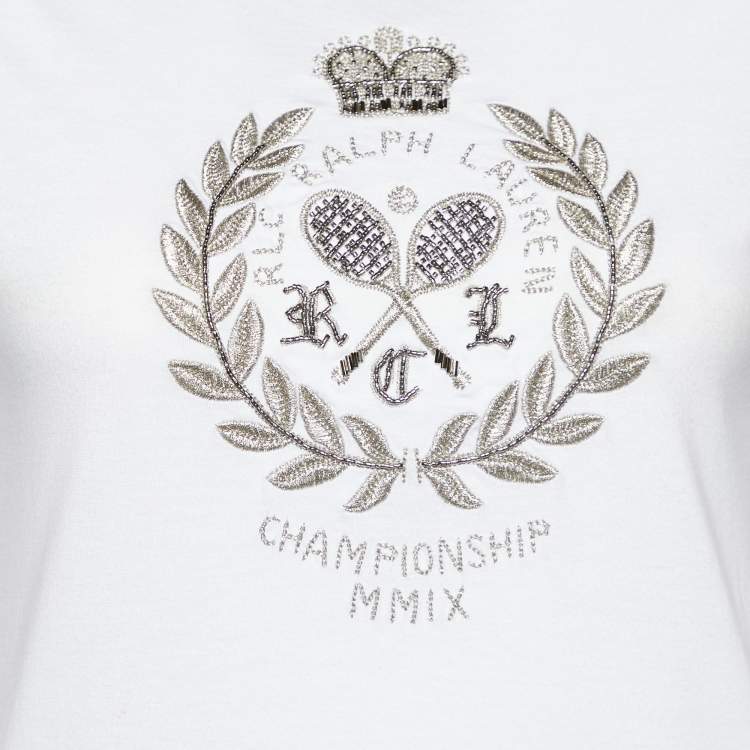 Pre Owned Ralph Lauren White Embroidered Cotton Knit Roundneck T-Shirt M