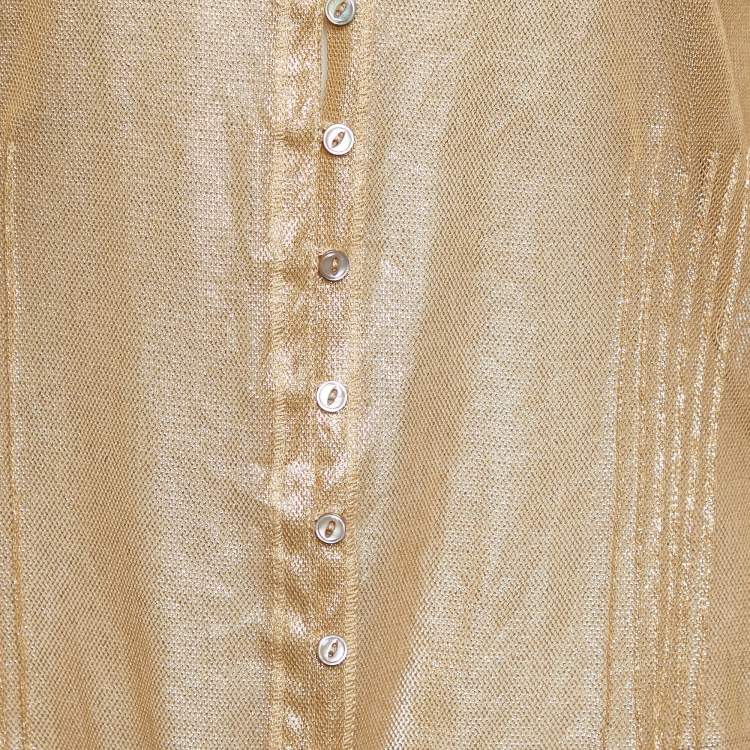 Pre Owned Ralph Lauren Gold Coated Mesh Ruffled Button Front Sheer Shirt L