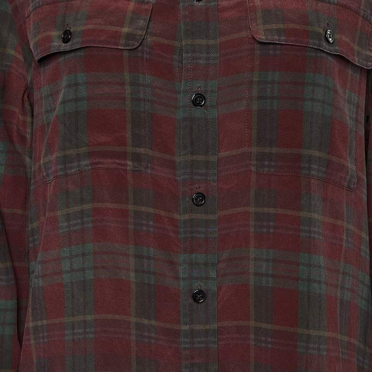 Pre Owned Ralph Lauren Burgundy Plaided Silk Button Front Shirt M