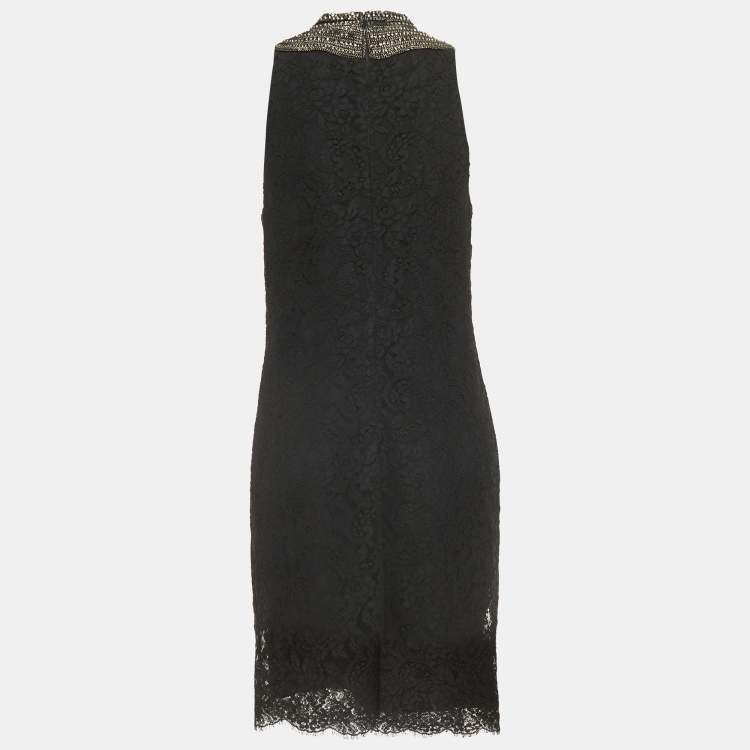 Pre Owned Ralph Lauren Black Floral Motif Lace Crystal Embellished A-Line Dress L