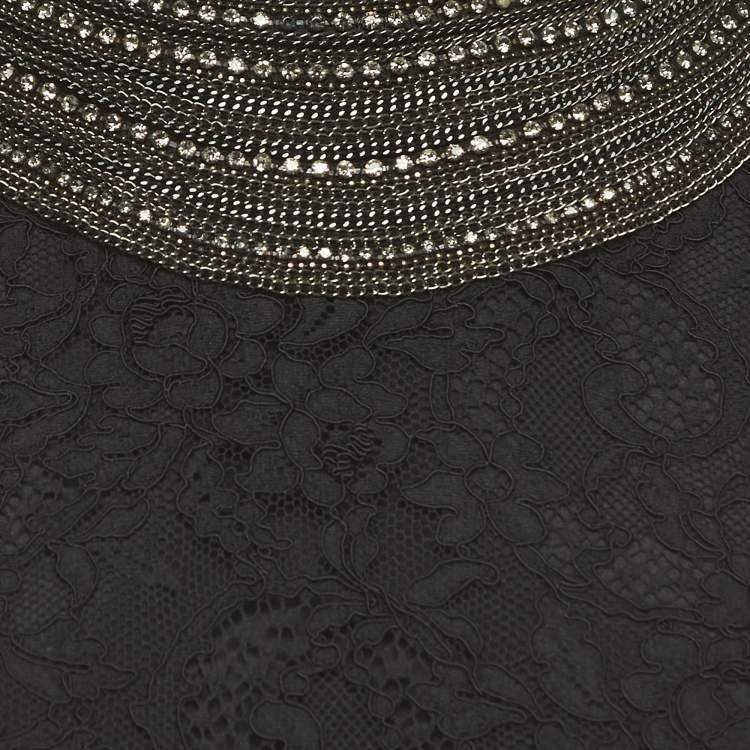 Pre Owned Ralph Lauren Black Floral Motif Lace Crystal Embellished A-Line Dress L