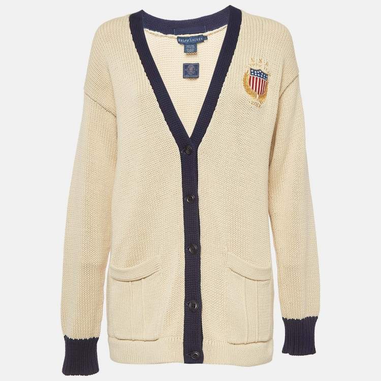 Pre Owned Ralph Lauren Cream Olympic Team Embroidered Knit Cardigan L