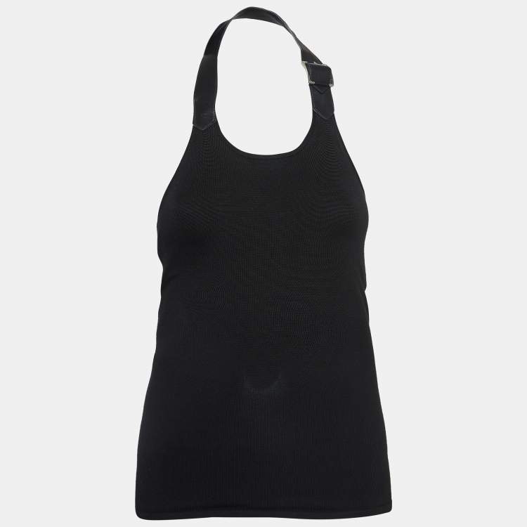 Pre Owned Ralph Lauren Black Leather Strap Rib Knit Tank Top XS
