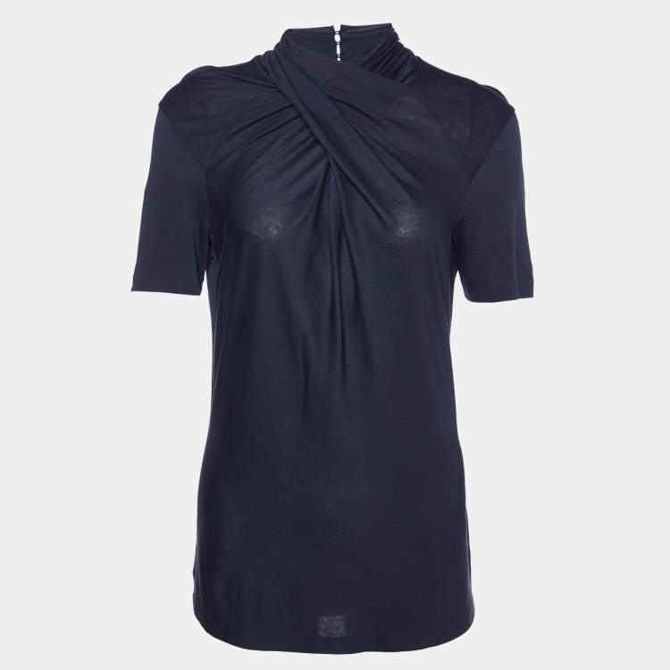 Pre Owned Ralph Lauren Navy Blue Cotton Jersey Cross Neck Top M