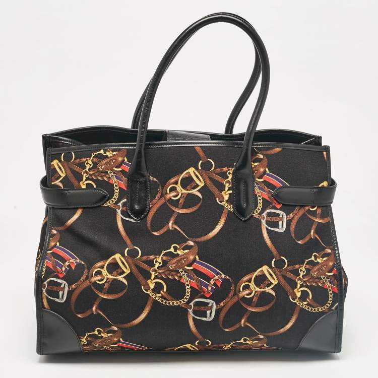 Pre Owned Ralph Lauren Black/Multicolor Equestrian Print Canvas Belt Shopper Tote