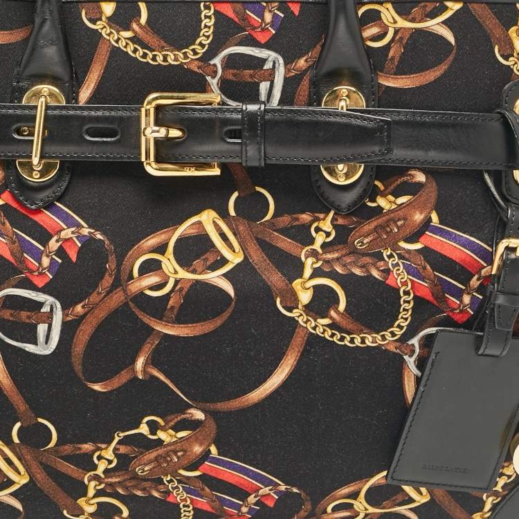 Pre Owned Ralph Lauren Black/Multicolor Equestrian Print Canvas Belt Shopper Tote