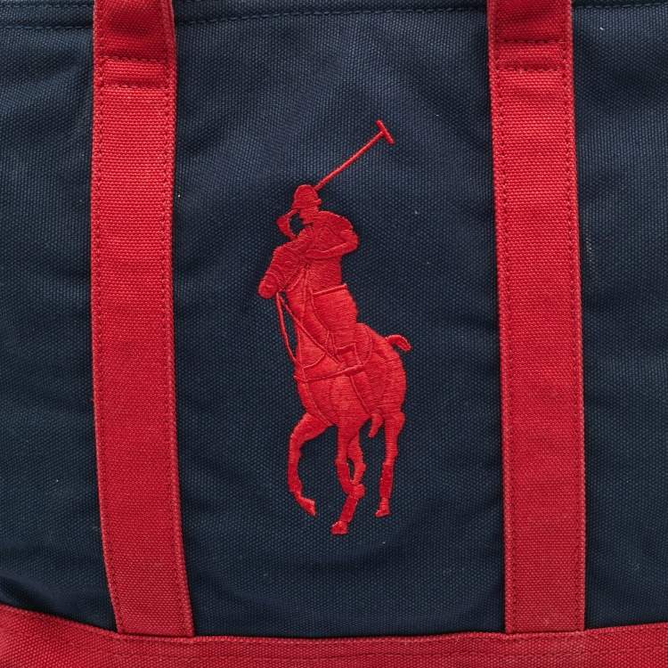 Pre Owned Ralph Lauren Navy Blue/Red Canvas Embroidered Tote