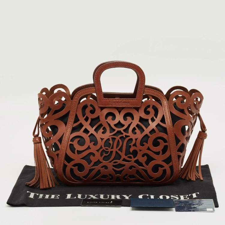 Pre Owned Ralph Lauren Brown Laser Cut Vachetta Leather Small Scroll Tote