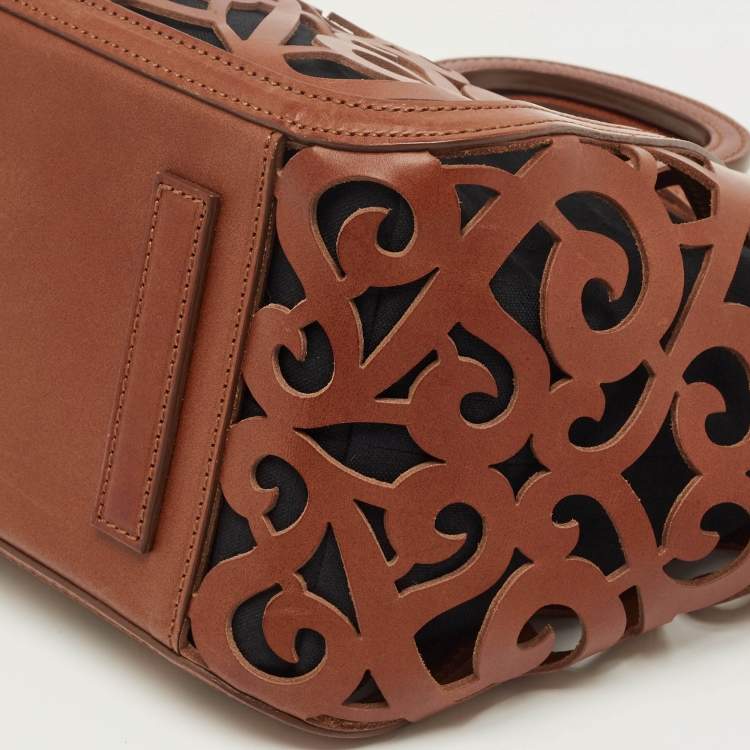 Pre Owned Ralph Lauren Brown Laser Cut Vachetta Leather Small Scroll Tote