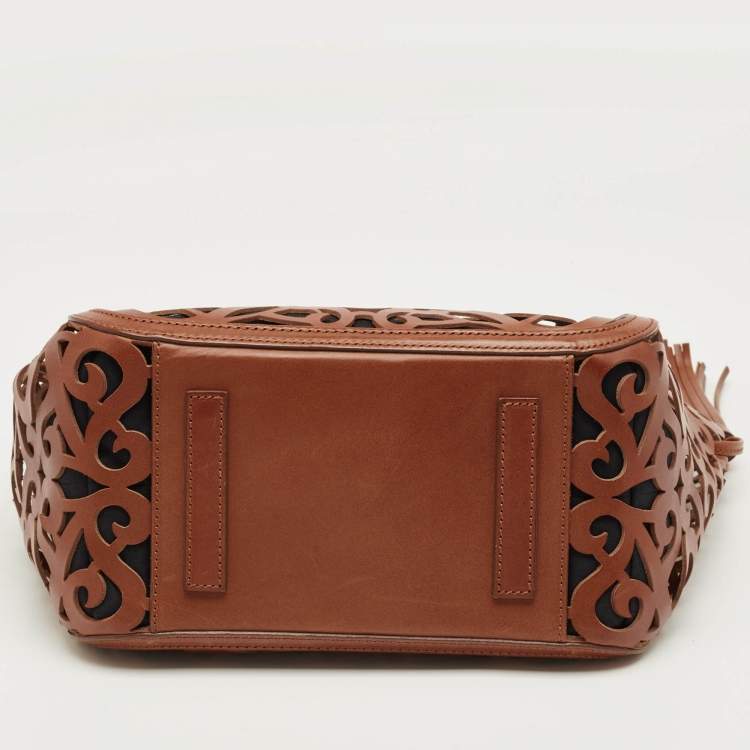 Pre Owned Ralph Lauren Brown Laser Cut Vachetta Leather Small Scroll Tote