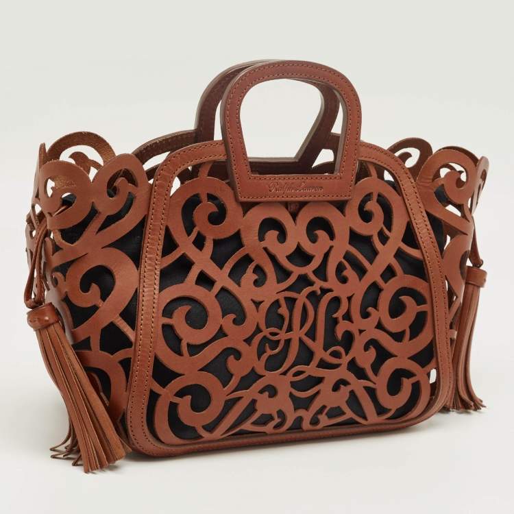Pre Owned Ralph Lauren Brown Laser Cut Vachetta Leather Small Scroll Tote